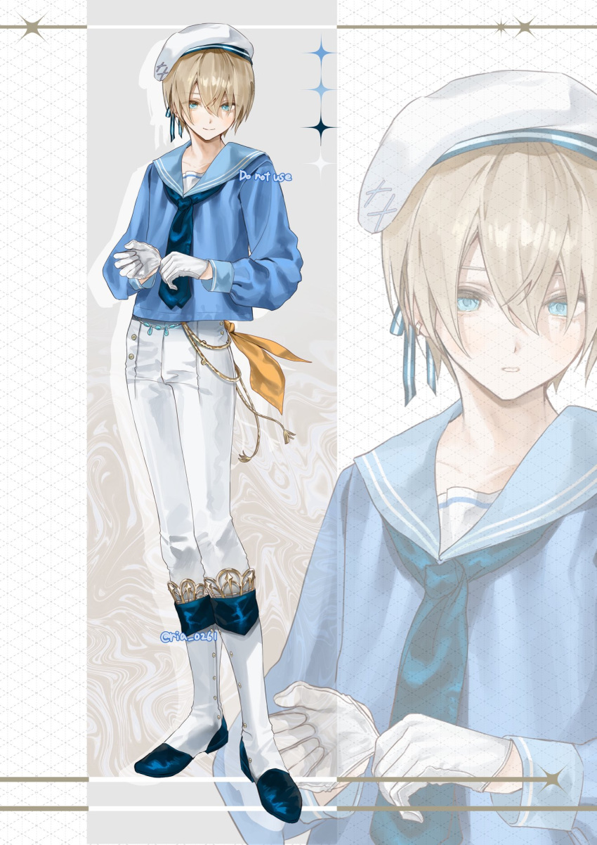 1boy, androgynous, beret, bishounen, blonde_hair, blue_eyes, blue_jacket, gloves, hat, highres, jacket, original, ouji_fashion, pants, ria_0261, school_uniform, serafuku, shoes, solo, white_gloves, white_hat, white_pants, white_shoes, zoom_layer