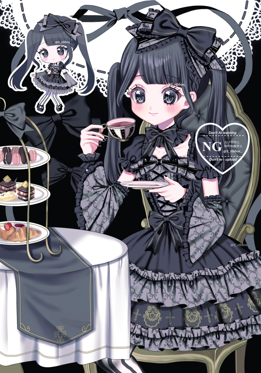 1girl, accurate_lolita_coord, black_bow, black_dress, black_hair, blush, bow, chair, chibi, chibi_inset, commentary, commission, croissant, cup, detached_sleeves, dress, food, frilled_dress, frills, gothic_lolita, hair_bow, highres, holding, holding_cup, lace, lolita_fashion, lolita_print, long_hair, long_sleeves, macaron, original, print_dress, ribbon, sitting, skeb_commission, smile, solo_focus, symbol-only_commentary, table, teacup, tiered_tray, twintails, watermark, yuni_(s_ribbon)