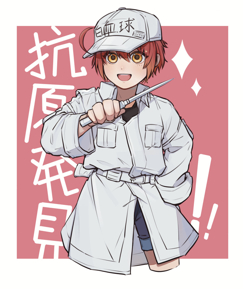 !, !!, 1girl, :d, absurdres, ae-3803, ahoge, baseball_cap