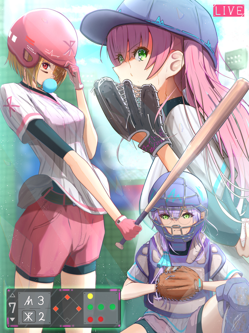 3girls, absurdres, adjusting_clothes, adjusting_headwear, aikawa_megumi, alternate_costume, baseball, baseball_bat
