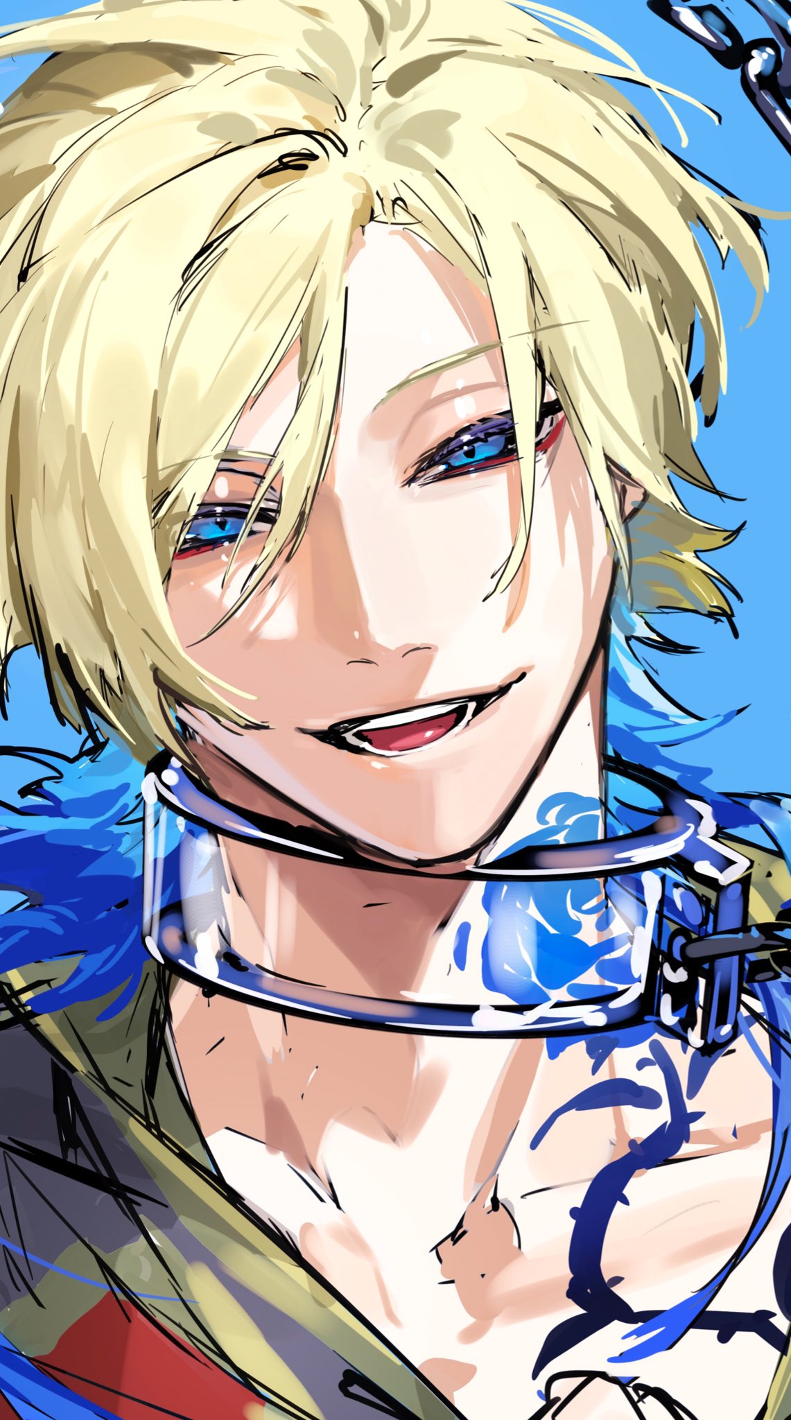 1boy, blonde_hair, blue_eyes, blue_hair, blue_lock, blue_tattoo, chikuwa_(dr0603), eyeliner