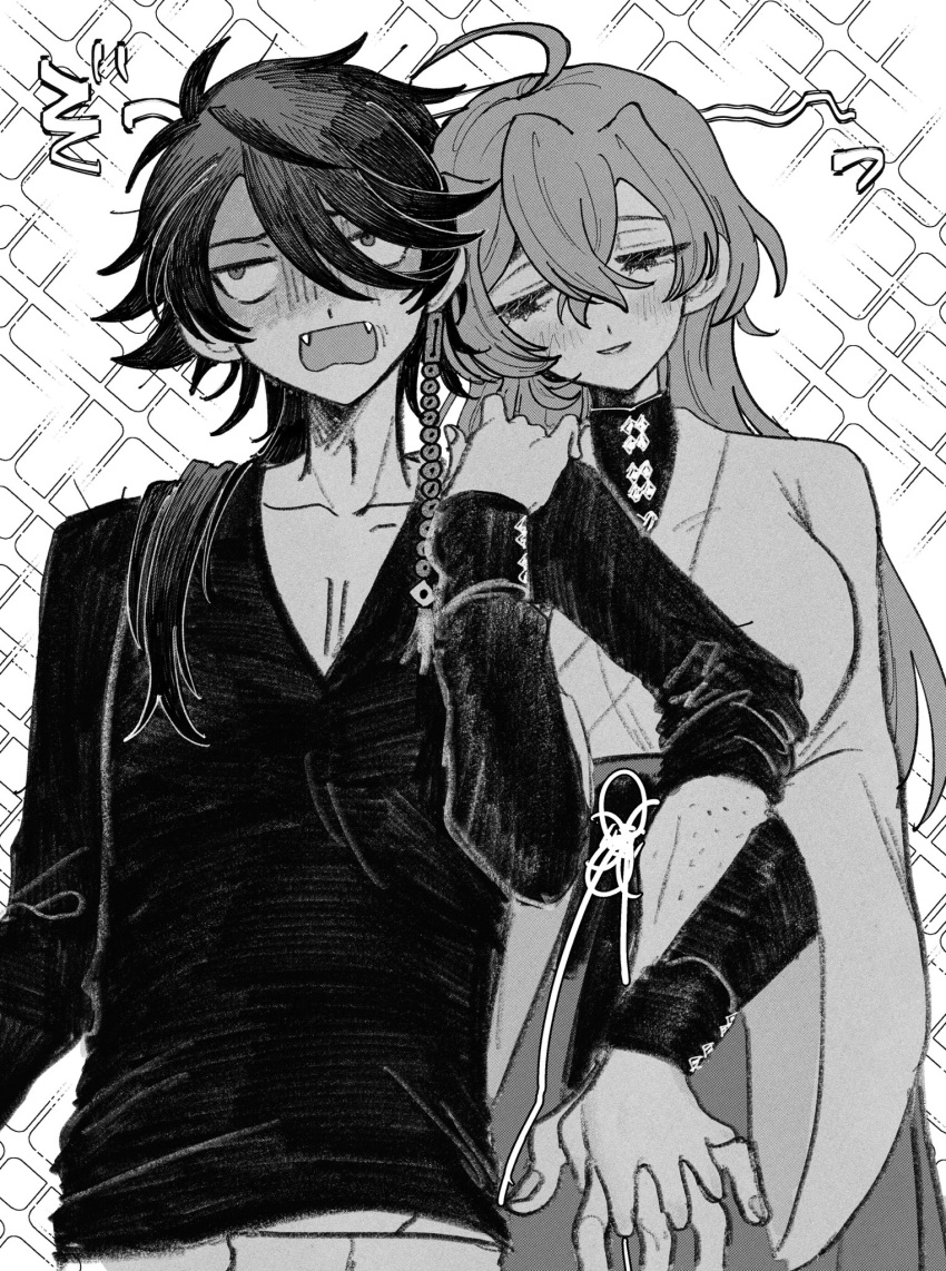 1boy, 1girl, ahoge, arisugawa_dice, blush, breasts, earrings, fang