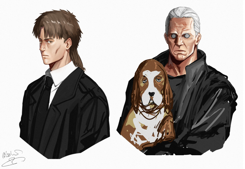 2boys, artificial_eye, basset_hound, batou_(gits), black_coat, black_jacket, black_necktie, black_shirt, brown_dog, brown_eyes, brown_hair, coat, commentary, dog, from_side, ghost_in_the_shell, highres, holding, isshiki_(ffmania7), jacket, looking_at_viewer, mullet, multiple_boys, necktie, portrait, shirt, short_hair, simple_background, straight-on, t-shirt, togusa_(gits), white_hair