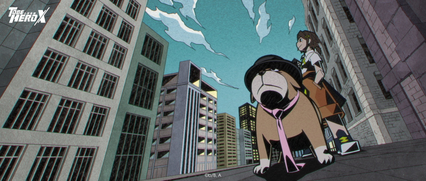 1girl, absurdres, ahu_(to_be_hero_x), anime_screenshot, brown_hair, brown_shorts, building, character_request