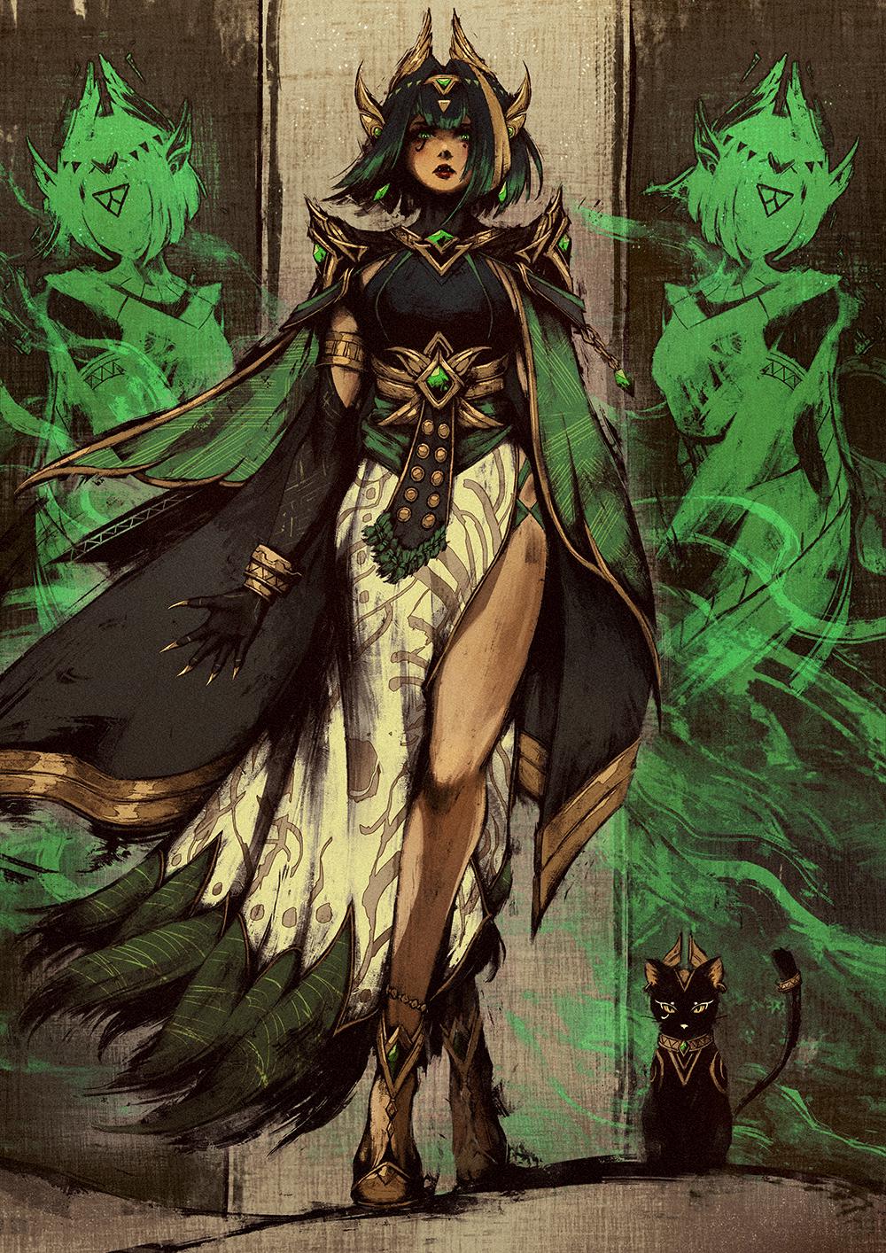 1girl, adapted_costume, akramness, armlet, ashru_(genshin_impact), black_cat, bracelet, cape