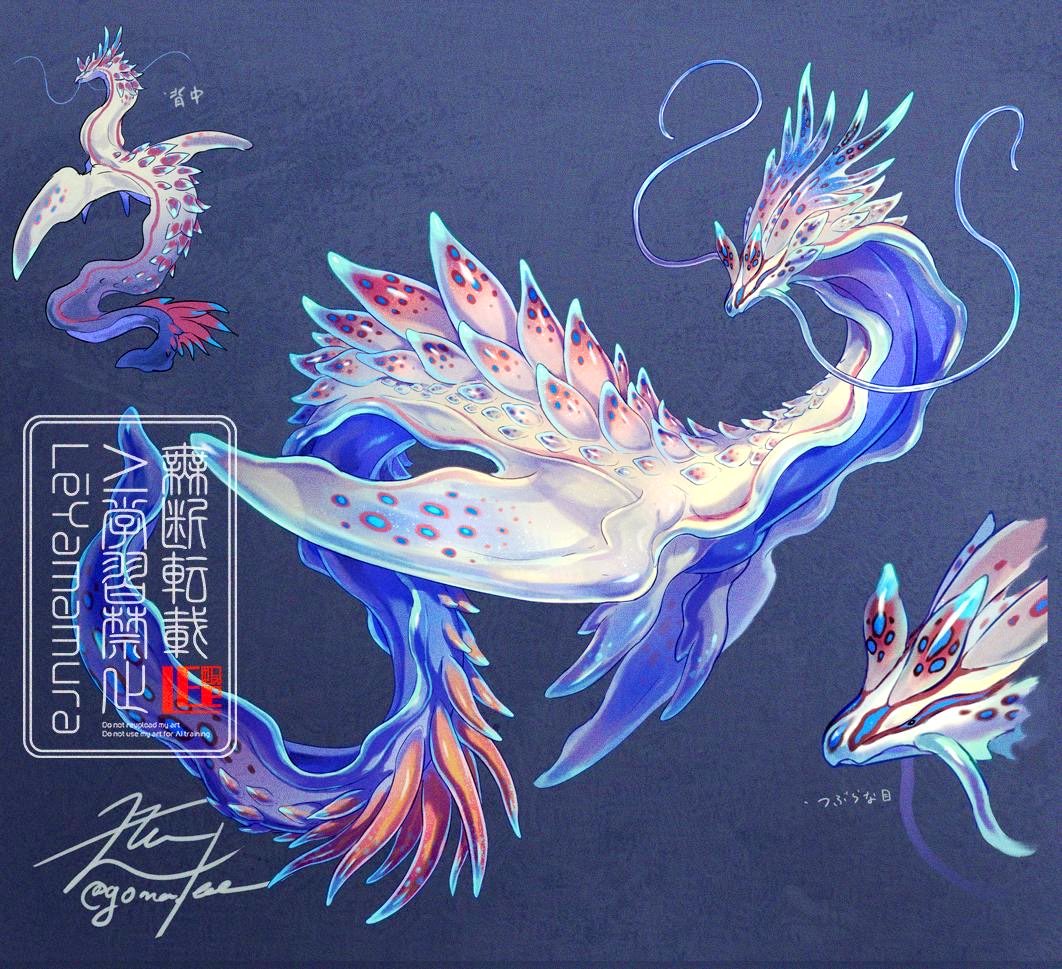 artist_name, blue_background, dragon, fins, full_body, monster, monster_focus, multiple_views
