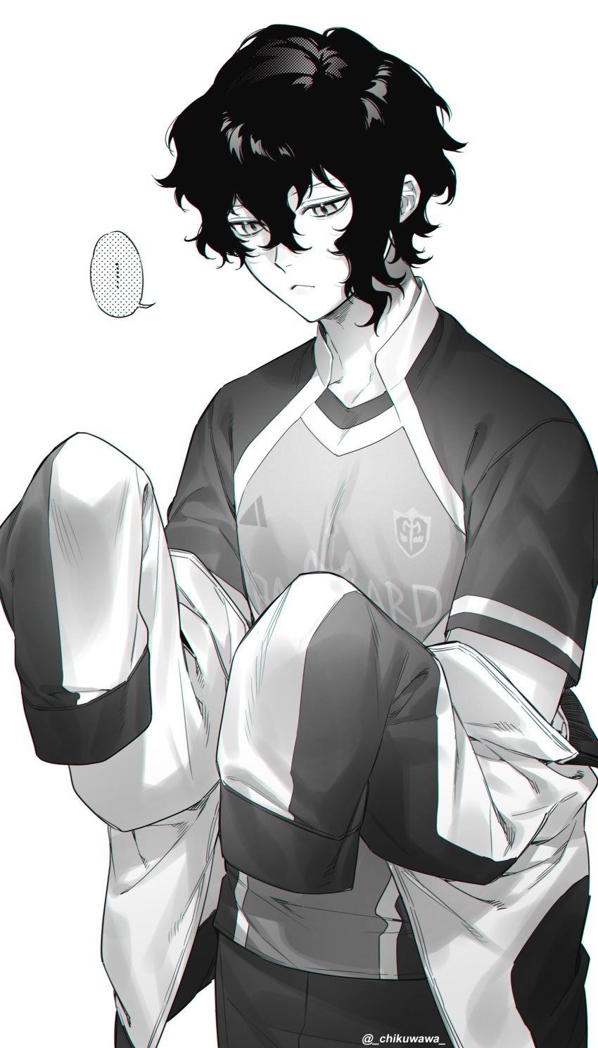 1boy, absurdres, bastard_munchen_soccer_uniform, blue_lock, chikuwa_(dr0603), closed_mouth, greyscale, hair_between_eyes