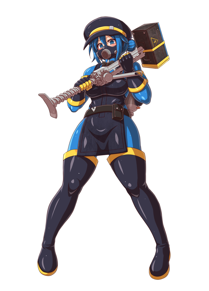 1girl, absurdres, apron, black_apron, black_boots, black_gloves, blu_pyro_(tf2), blue_hair, bodysuit, boots, breasts, commission, emperpep, full_body, genderswap, genderswap_(otf), gloves, hair_bun, highres, holding, holding_weapon, large_breasts, latex, latex_bodysuit, latex_gloves, latex_legwear, looking_at_viewer, mask, pyro_(tf2), respirator, second-party_source, simple_background, solo, team_fortress_2, thigh_boots, weapon, white_background