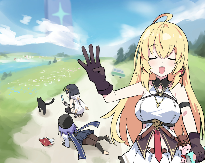 3girls, :d, ahoge, amber_(stella_sora), bare_shoulders, beret, black_boots, black_cat