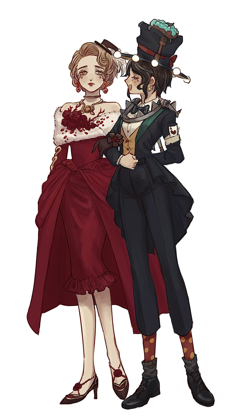 2girls, absurdres, black_bow, black_bowtie, black_gloves, black_hair, black_jacket, black_pants, blonde_hair, boots, bow, bowtie, brown_eyes, crossdressing, crossdressing_(ftm), dress, earrings, emily_dyer, emily_dyer_(risktaker), emma_woods, emma_woods_(stage_host), flower, formal_clothes, full_body, gloves, hat, high_heels, highres, identity_v, jacket, jewelry, long_sleeves, looking_at_another, makeup, multiple_girls, necklace, nonnonsis123, off-shoulder_dress, off_shoulder, pants, polka_dot, red_dress, red_flower, red_lips, red_nails, ring, shirt, short_hair, simple_background, standing, suit, top_hat, vest, white_background, white_shirt, yellow_eyes
