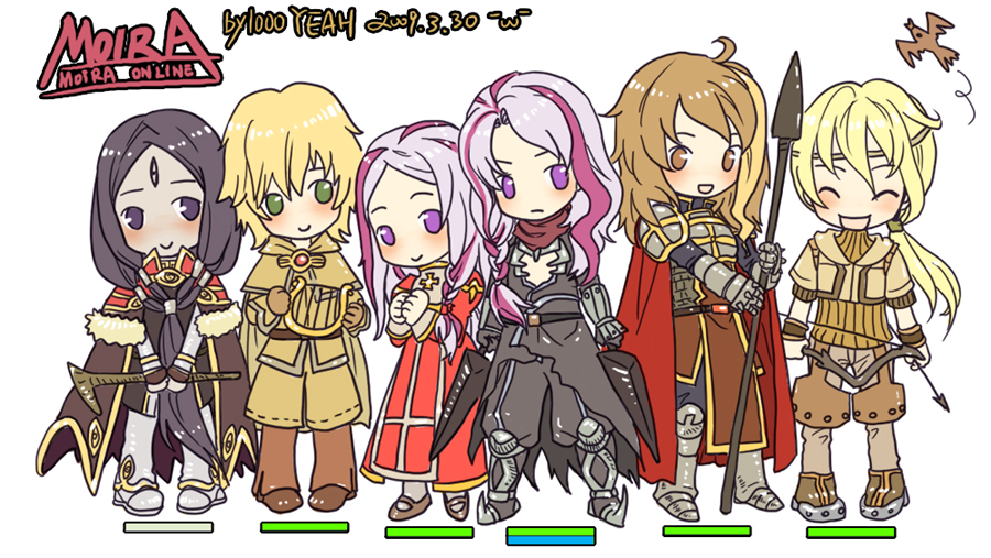 3boys, 3girls, ahoge, armor, arrow_(projectile), artemisia, assassin_cross_(ragnarok_online), assassin_cross_(ragnarok_online)_(cosplay)