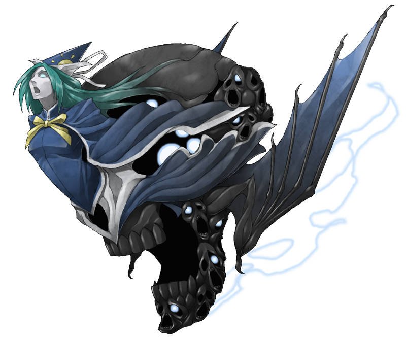 bat_wings, bow, capelet, demon_wings, empty_eyes, green_hair, hat, long_hair
