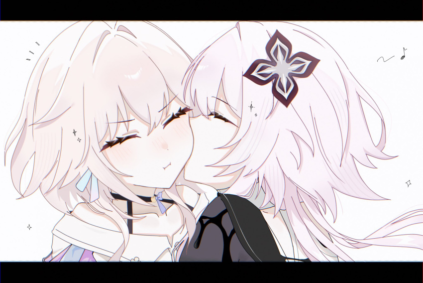22_rink, 2girls, black_jacket, closed_eyes, closed_mouth, commentary_request, dual_persona, earrings, eighth_note, evernight_(honkai:_star_rail), highres, honkai:_star_rail, honkai_(series), jacket, jewelry, kiss, kissing_cheek, letterboxed, long_hair, march_7th_(honkai:_star_rail), multiple_girls, musical_note, pink_hair, selfcest, shirt, white_shirt, yuri