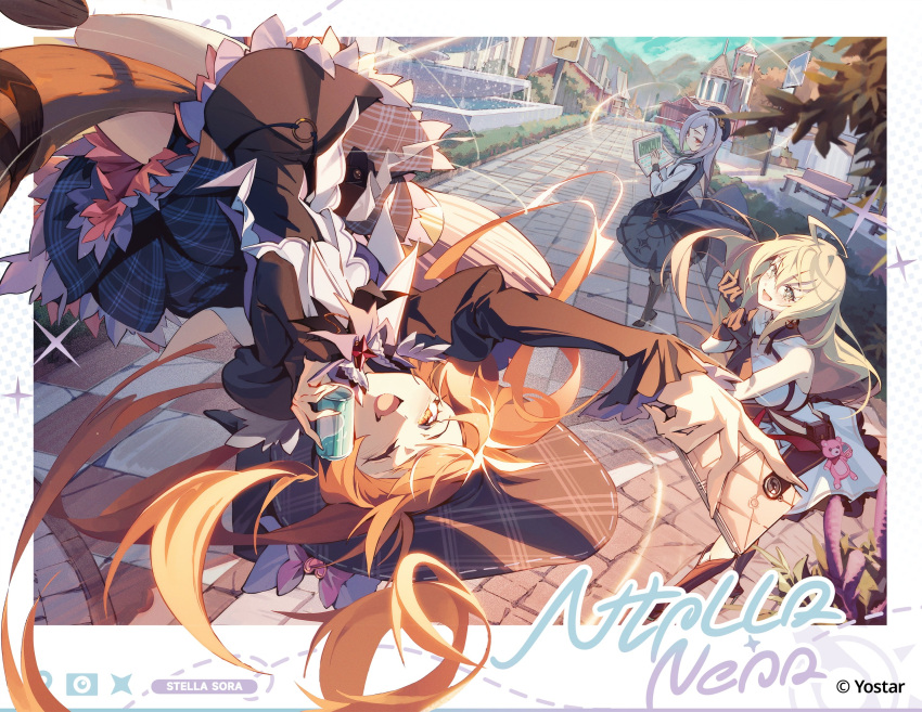 3girls, :d, ahoge, bare_shoulders, beret, black_dress, black_hat, black_pantyhose