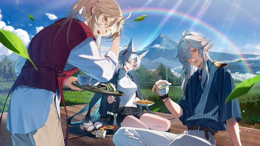 1girl, 2boys, absurdres, alternate_costume, animal_ear_fluff, animal_ear_piercing, animal_ears, animal_on_shoulder