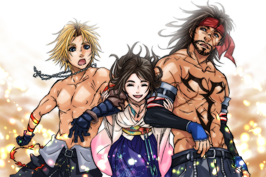 2boys, age_difference, alternate_costume, applemac, bandana, bandanna, belt, blonde_hair, blue_eyes, brown_eyes, brown_hair, closed_eyes, dissidia_012_final_fantasy, dissidia_final_fantasy, down_blouse, earrings, eyes_closed, facial_hair, father_and_son, final_fantasy, final_fantasy_x, gloves, headband, highres, japanese_clothes, jecht, jewelry, large_sleeves, multiple_boys, muscle, navel, necklace, open_mouth, scar, shirtless, smile, tattoo, tidus, topless, wide_sleeves, yuna