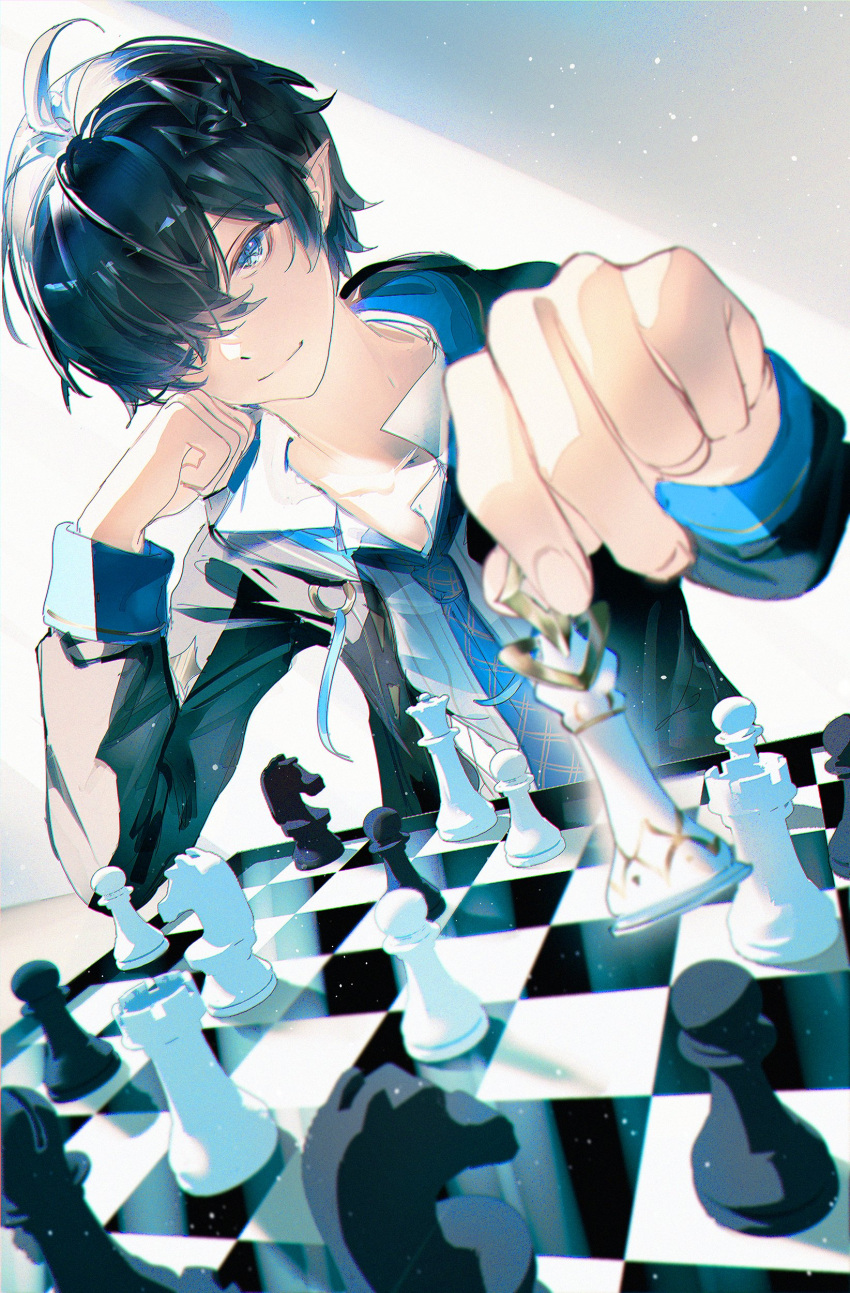 1boy, absurdres, ahoge, black_hair, black_jacket, blue_necktie, board_game, chess