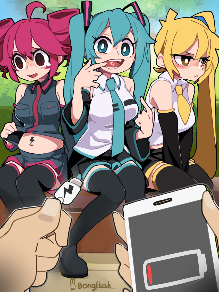 3girls, @_@, absurdres, ahoge, akita_neru, android, antenna_hair, aqua_eyes
