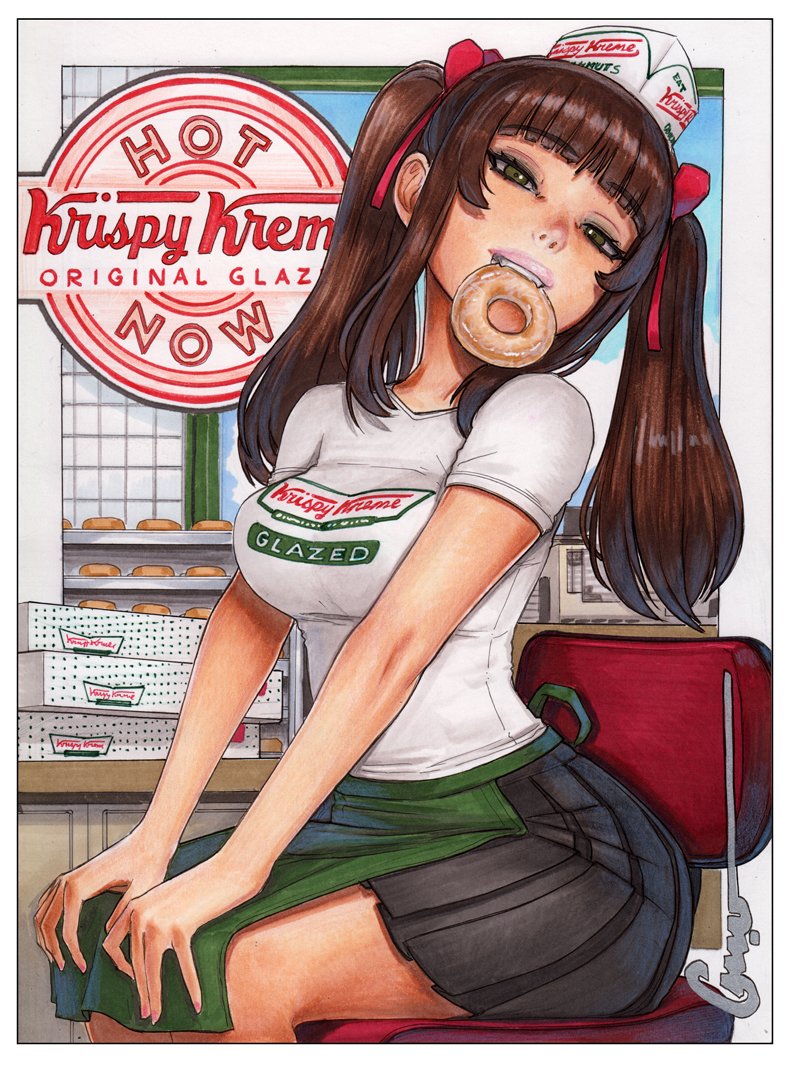 apron, black_skirt, blunt_bangs, breasts, brown_eyes, brown_hair, doughnut, food, food_in_mouth, green_apron, hair_ribbon, hat, krispy_kreme, lips, long_hair, looking_at_viewer, medium_breasts, omar_dogan, original, pleated_skirt, print_shirt, red_ribbon, ribbon, shirt, sidelocks, sitting, skirt, smile, t-shirt, twintails, white_shirt