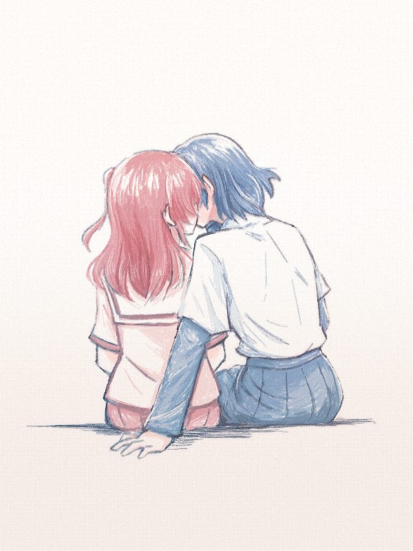 2girls, arm_behind_back, blue_hair, blue_skirt, blush, bocchi_the_rock!, couple, hands_on_lap