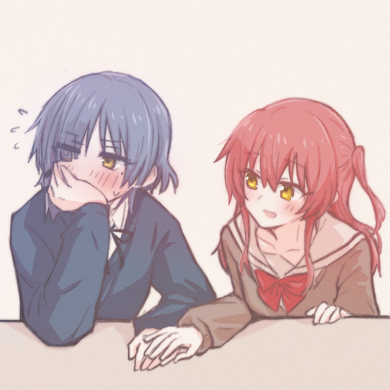 2girls, black_bow, black_bowtie, blue_hair, blue_vest, blush, bocchi_the_rock!, bow