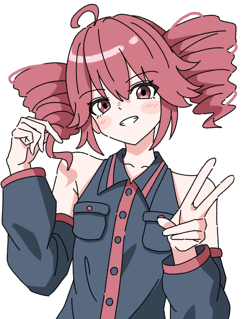 1girl, absurdres, ahoge, bare_shoulders, black_shirt, black_sleeves, blush_stickers, breast_pocket