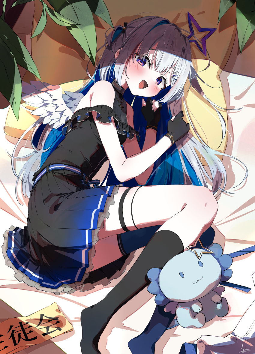 1girl, absurdres, amane_kanata, angel, angel_wings, asymmetrical_legwear, black_gloves, black_socks