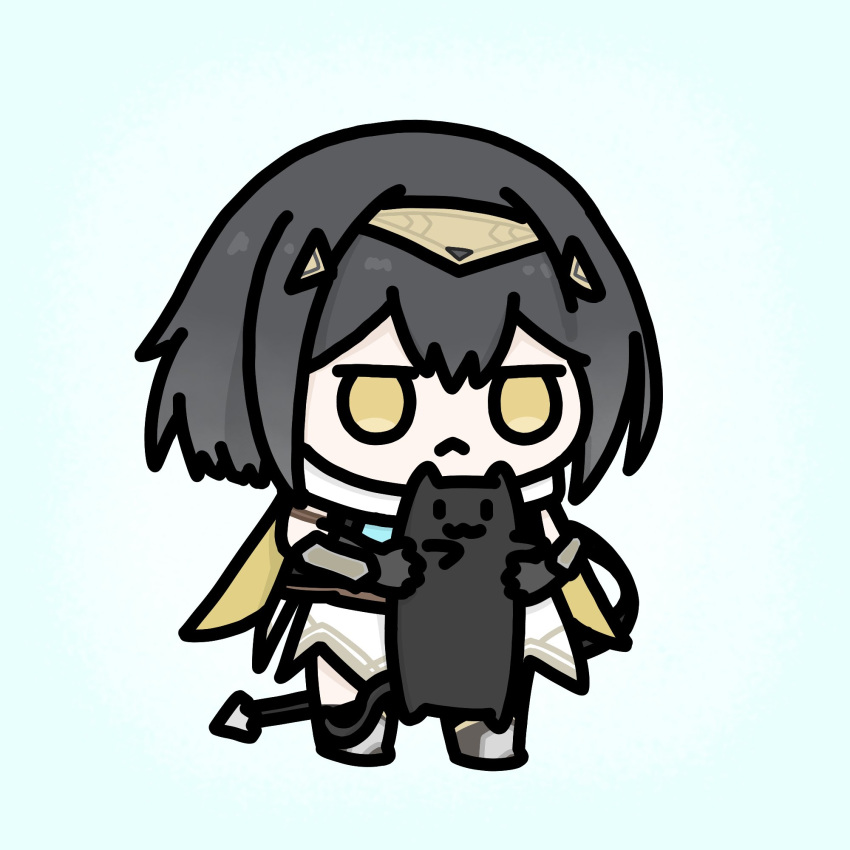 1girl, :<, :3, amber_(stella_sora), animal, black_cat, black_hair, cat