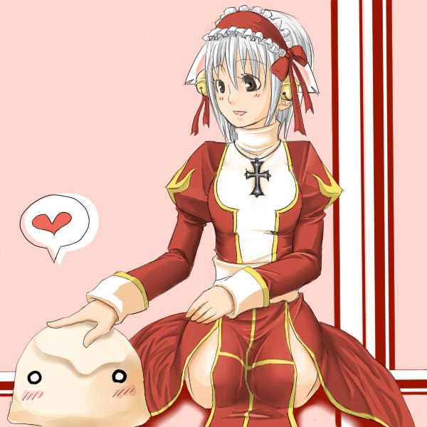 1girl, bell, black_eyes, blush, bow, breasts, commentary_request, cross