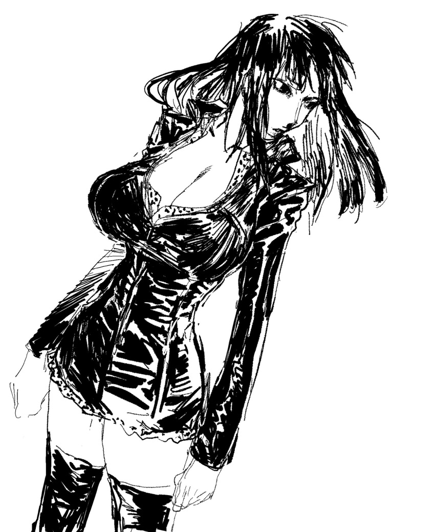 1girl, black_boots, black_dress, black_hair, boots, breasts, dress, highres