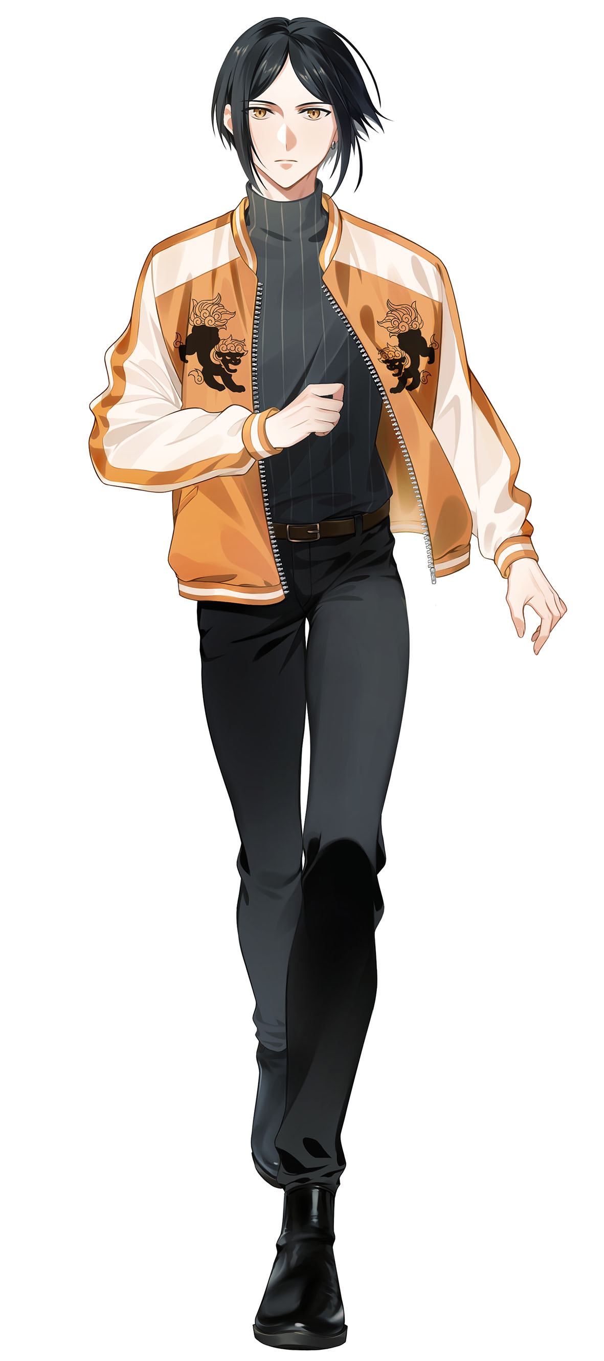 1boy, absurdres, alternate_hair_color, belt, black_hair, black_pants, black_shoes, brown_belt