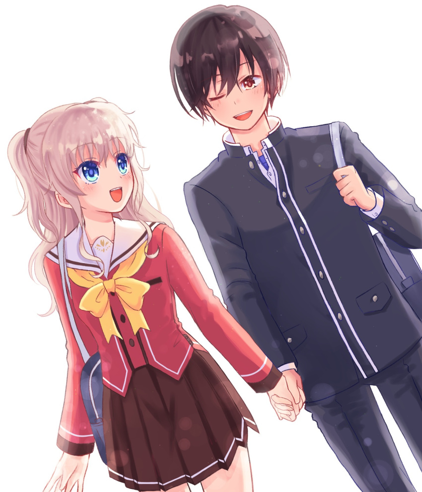 1boy, 1girl, :d, ;d, arm_at_side, backlighting, blue_eyes, blush