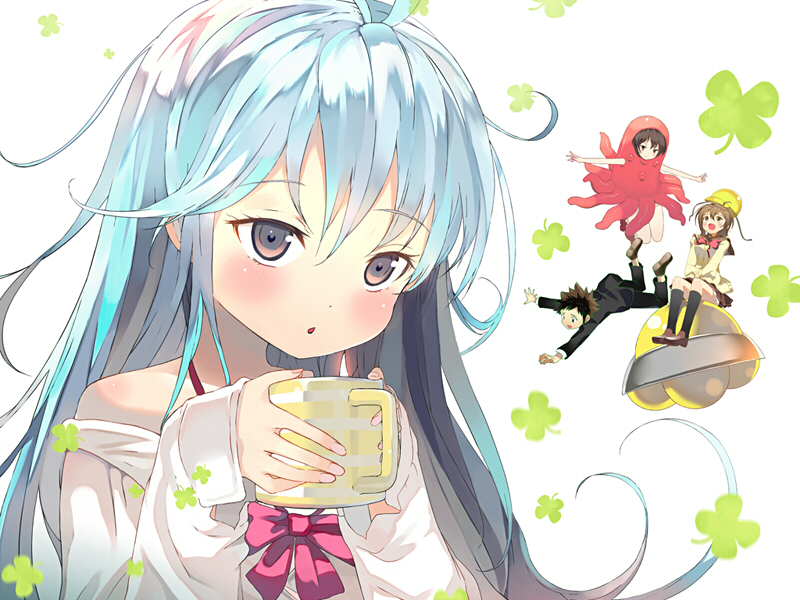 1boy, 3girls, :o, black_hair, black_legwear, blue_hair, blush, bow