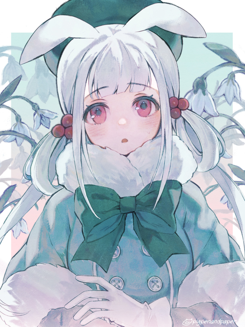 1girl, absurdres, animal_ears, beret, blue_jacket, bow, commentary_request, flower