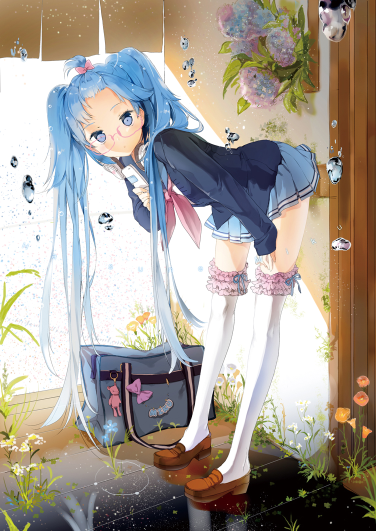 anmi, bespectacled, blue_eyes, blue_hair, cellphone, flower, frills, full_body, glasses, hatsune_miku, headphones, headphones_around_neck, high_ponytail, hydrangea, leaning_forward, loafers, long_hair, over-kneehighs, phone, pink-framed_glasses, rain, school_uniform, serafuku, shoes, skirt, solo, thigh-highs, thighhighs, twintails, underwater, very_long_hair, vocaloid, water_drop, white_legwear