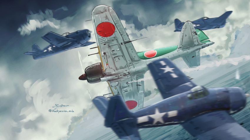 1boy, a6m_zero, absurdres, aerial_battle, aircraft, airplane, artist_name, battle