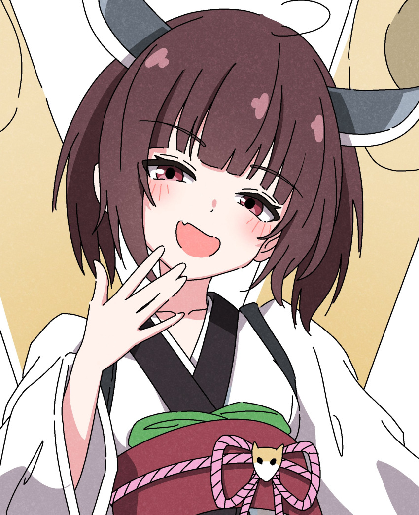 1girl, ahoge, black_trim, blush, brown_hair, fang, flat_chest, half-closed_eyes