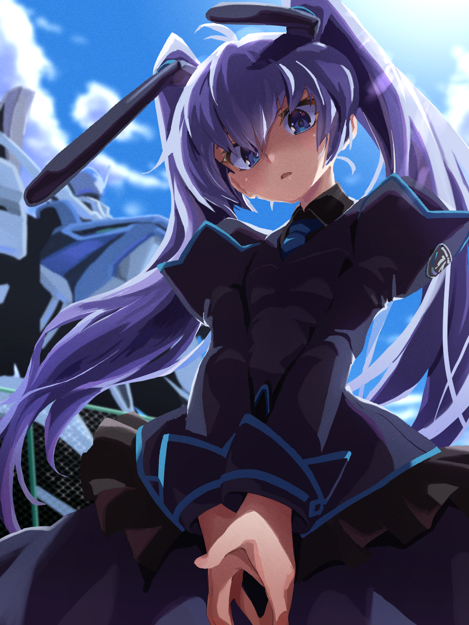 1girl, animal_ears, black_shirt, blue_eyes, blue_necktie, blush, collared_shirt, dress