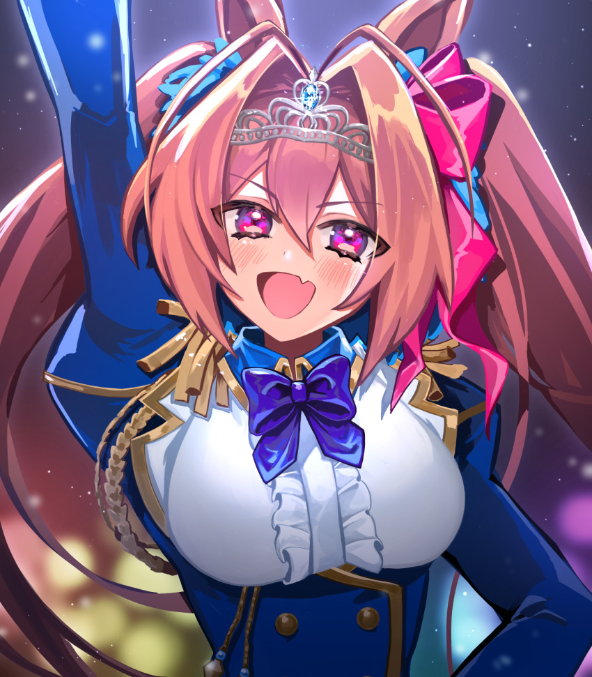 1girl, :d, animal_ears, arm_up, blue_bow, blue_bowtie, bow, bowtie