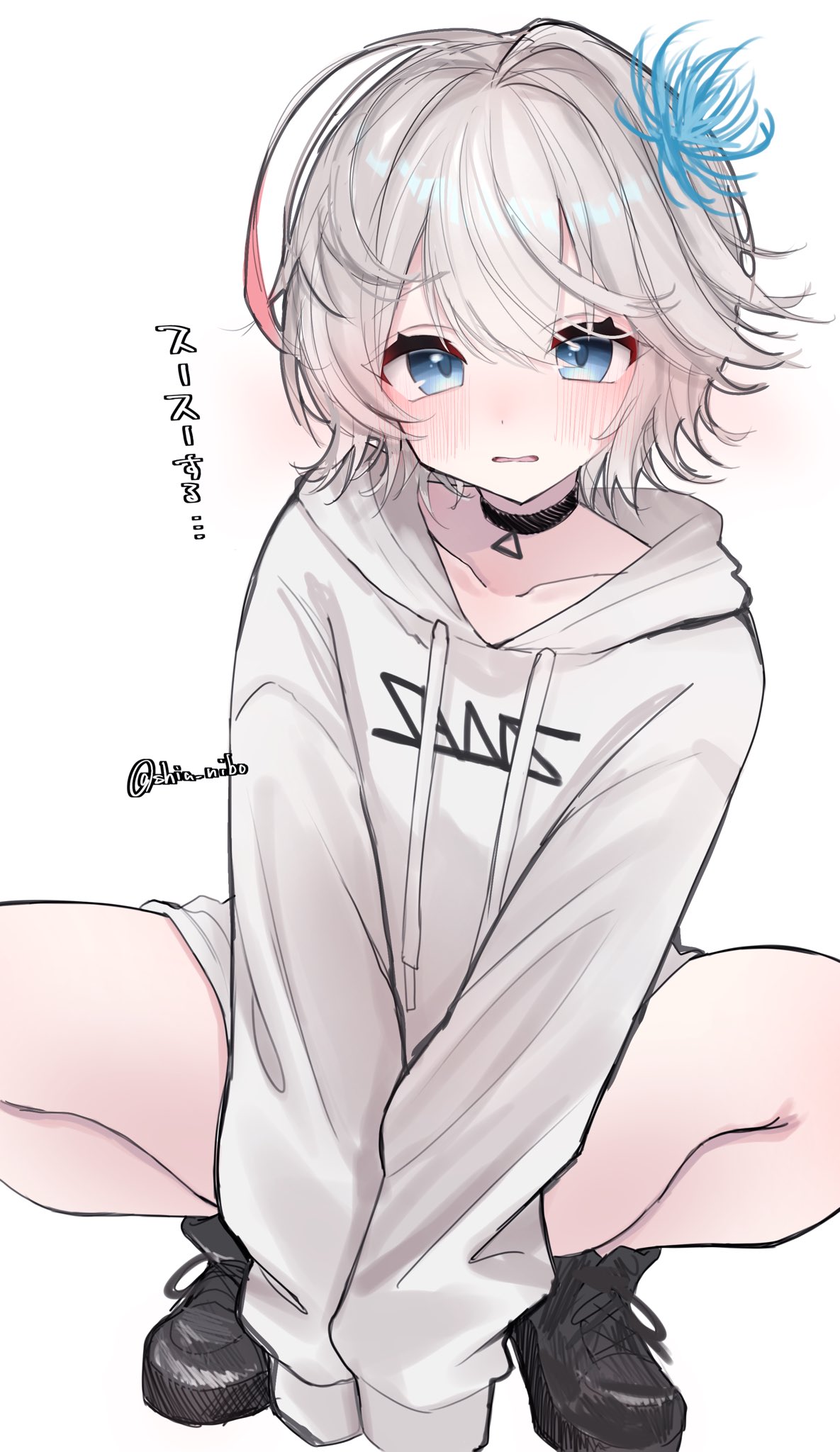 1girl, blue_eyes, blush, choker, collarbone, covering_crotch, covering_privates, grey_hair