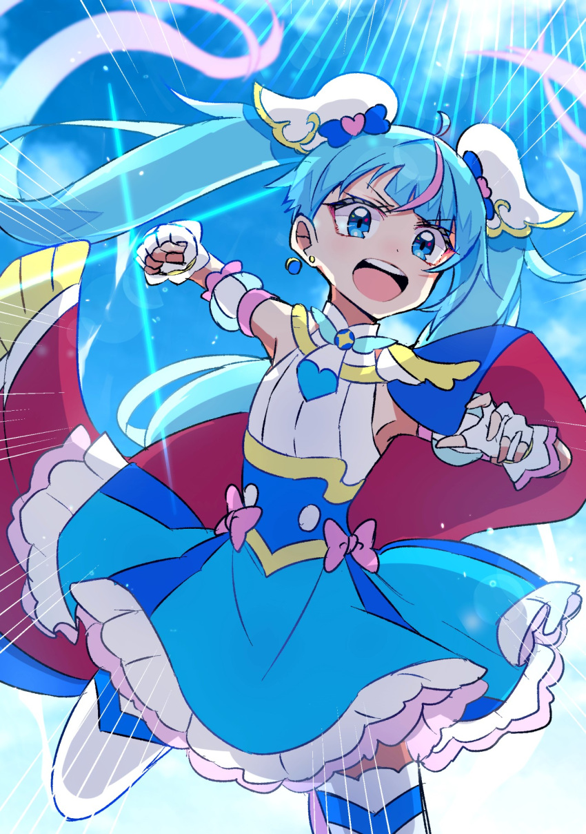 1girl, :d, ahoge, akatsuxe, arm_up, asymmetrical_bangs, blue_cape, blue_dress, blue_eyes, blue_hair, blue_sky, bow, brooch, cape, clenched_hand, clouds, cloudy_sky, colored_petticoat, commentary, cowboy_shot, cure_sky, curled_fingers, cut_bangs, day, detached_sleeves, diagonal_bangs, dress, dress_bow, earrings, emphasis_lines, fingerless_gloves, floating_cape, floating_hair, fringe-trimmed_cape, fringe_trim, furrowed_brow, gloves, gradient_hair, hair_ornament, highres, hirogaru_sky!_precure, incoming_attack, incoming_punch, jewelry, leg_up, long_hair, looking_at_viewer, magical_girl, medium_dress, multicolored_dress, multicolored_hair, open_mouth, outdoors, petticoat, pink_bow, pink_hair, precure, puffy_detached_sleeves, puffy_sleeves, punching, red_cape, single_bare_shoulder, single_earring, single_hair_streak, single_sidelock, sky, sleeveless, sleeveless_dress, smile, solo, sora_harewataru, sparkle, streaked_hair, teeth, thigh-highs, twintails, two-sided_cape, two-sided_fabric, two-tone_dress, two-tone_hair, upper_teeth_only, v-shaped_eyebrows, white_dress, white_gloves, wide_mouth, wing_brooch, wing_hair_ornament, zettai_ryouiki