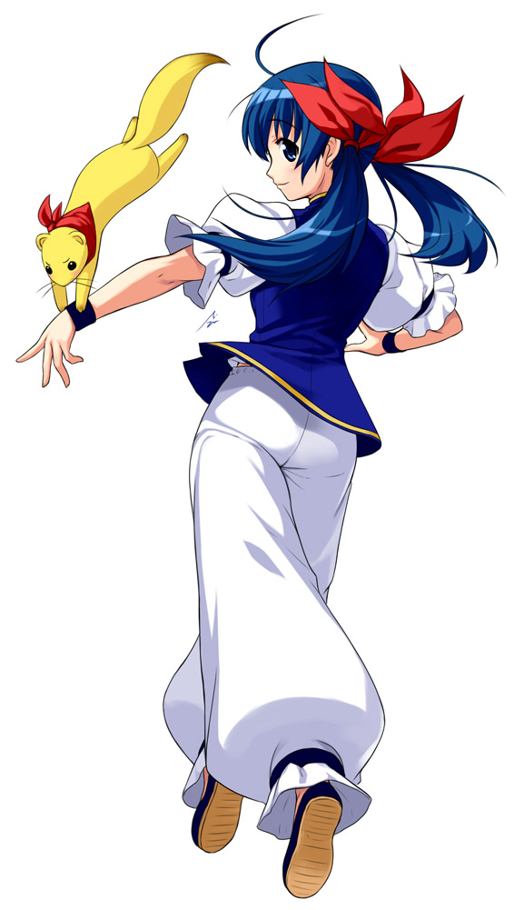 baggy_pants, blue_eyes, blue_hair, fatal_fury, ferret, from_behind, futaba_hotaru, hair_ribbon, itokatsu_(garou), long_hair, looking_back, mark_of_the_wolves, mascot, mizuki_gyokuran, ribbon, scarf, smile, snk, solo, twintails, wristband