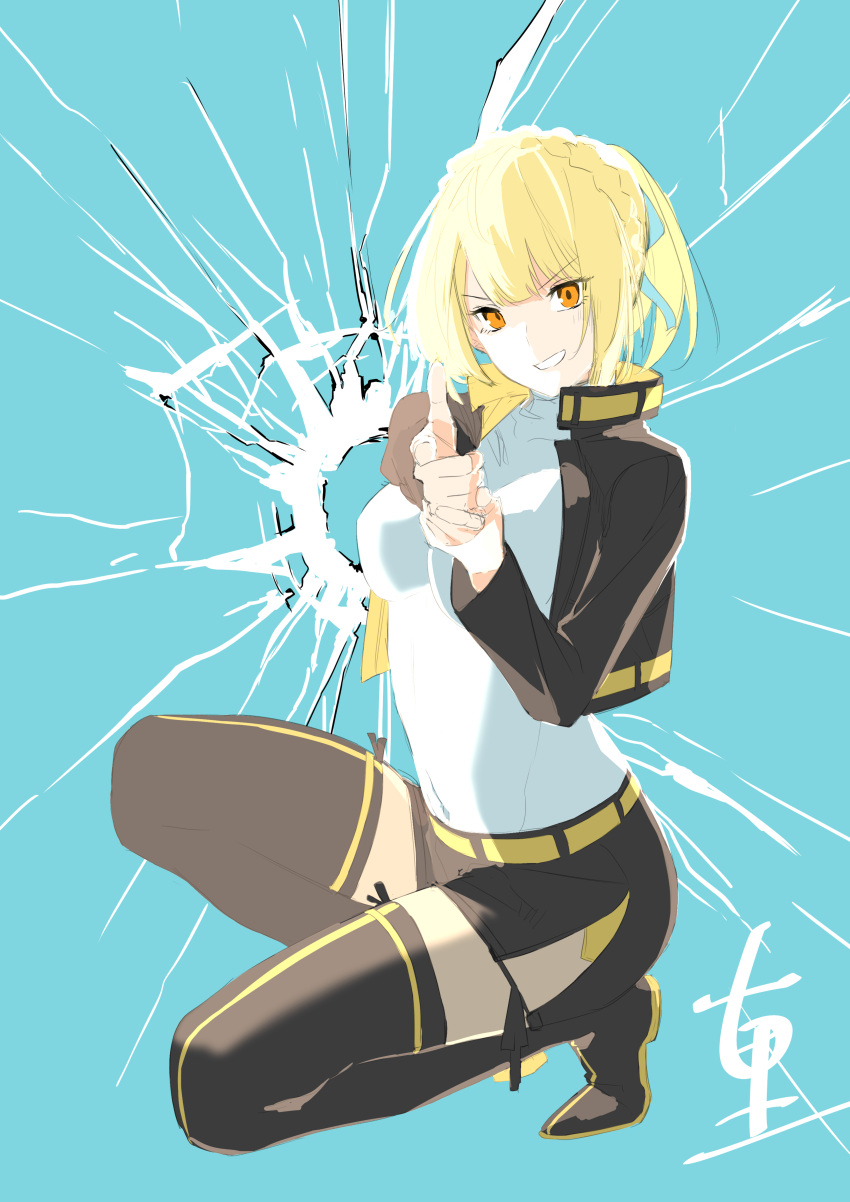 1girl, absurdres, black_jacket, blonde_hair, boots, braid, broken_glass, cropped_jacket, crown_braid, fccrcrvim924172, finger_gun, glass, hair_ribbon, highres, jacket, long_sleeves, nue_no_onmyouji, ponytail, ribbon, shirt, short_ponytail, shorts, side_slit, solo, suo_kazusa, thigh-highs, thigh_boots, white_shirt, yellow_eyes