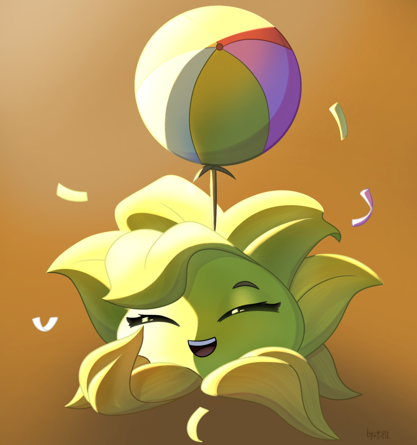 balloon, boom_balloon_flower_(plants_vs._zombies), closed_eyes, commentary_request, confetti, eyelashes, full_body, highres