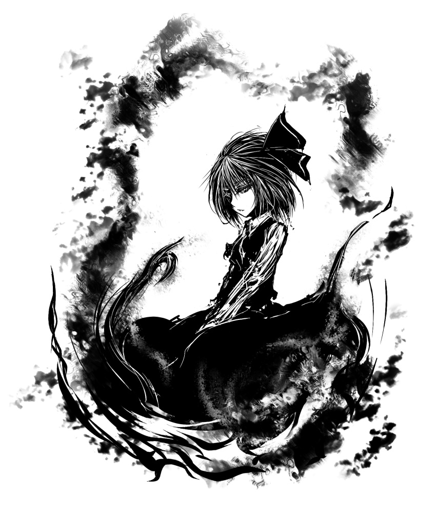 acryl, bad_id, bow, hair_bow, hair_ornament, highres, monochrome, rumia