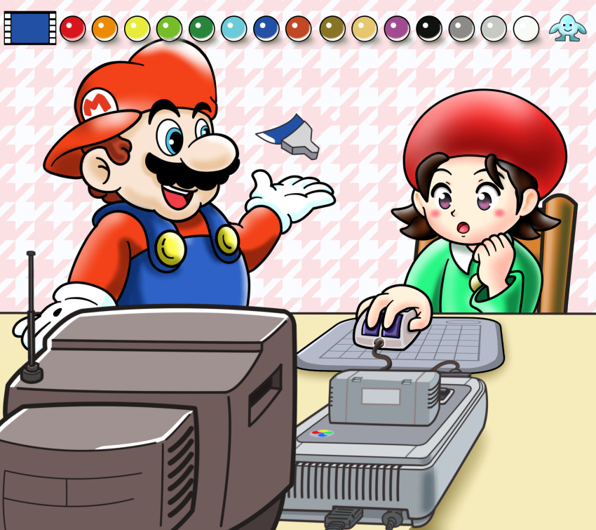 1boy, 1girl, absurdres, adeleine, black_hair, blue_eyes, blue_overalls, blush
