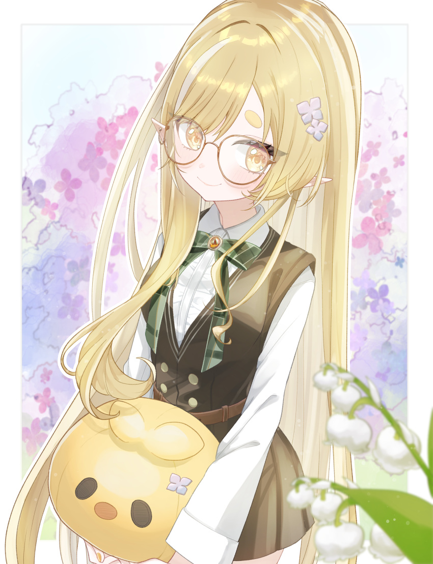 1girl, absurdres, belt, blonde_hair, brown_belt, center_frills, closed_mouth, collared_shirt