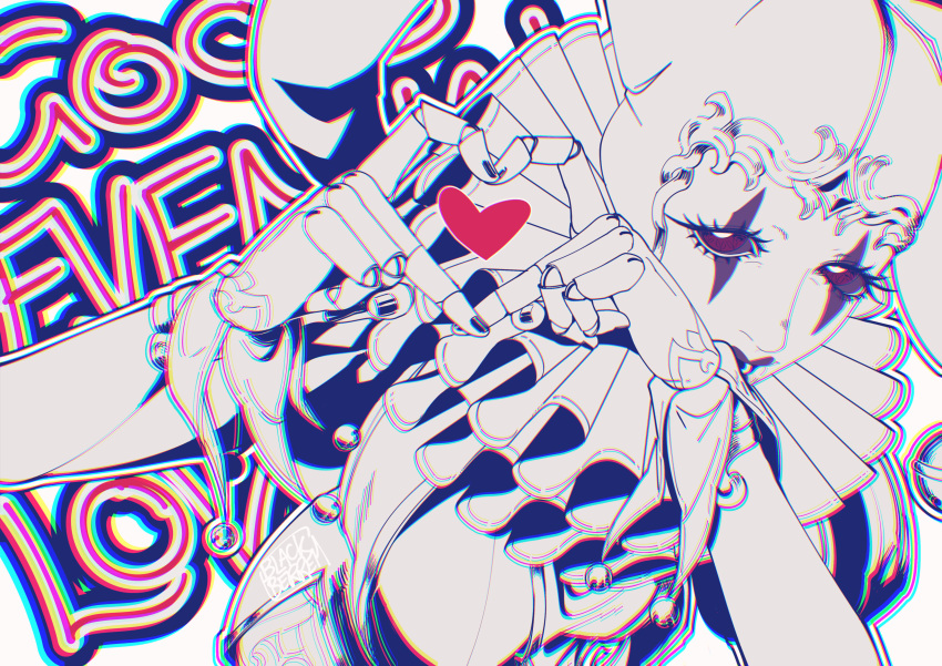 1girl, absurdres, blackberreh-art, clown, clown_makeup, collar, doll_joints, eyelashes, fingernails, four-finger_heart_hands, frilled_collar, frills, hat, heart, heart_hands, highres, joints, lips, makeup, mannequin, nikola_orsinov, no_eyebrows, nose, solo, tareme, the_magnus_archives