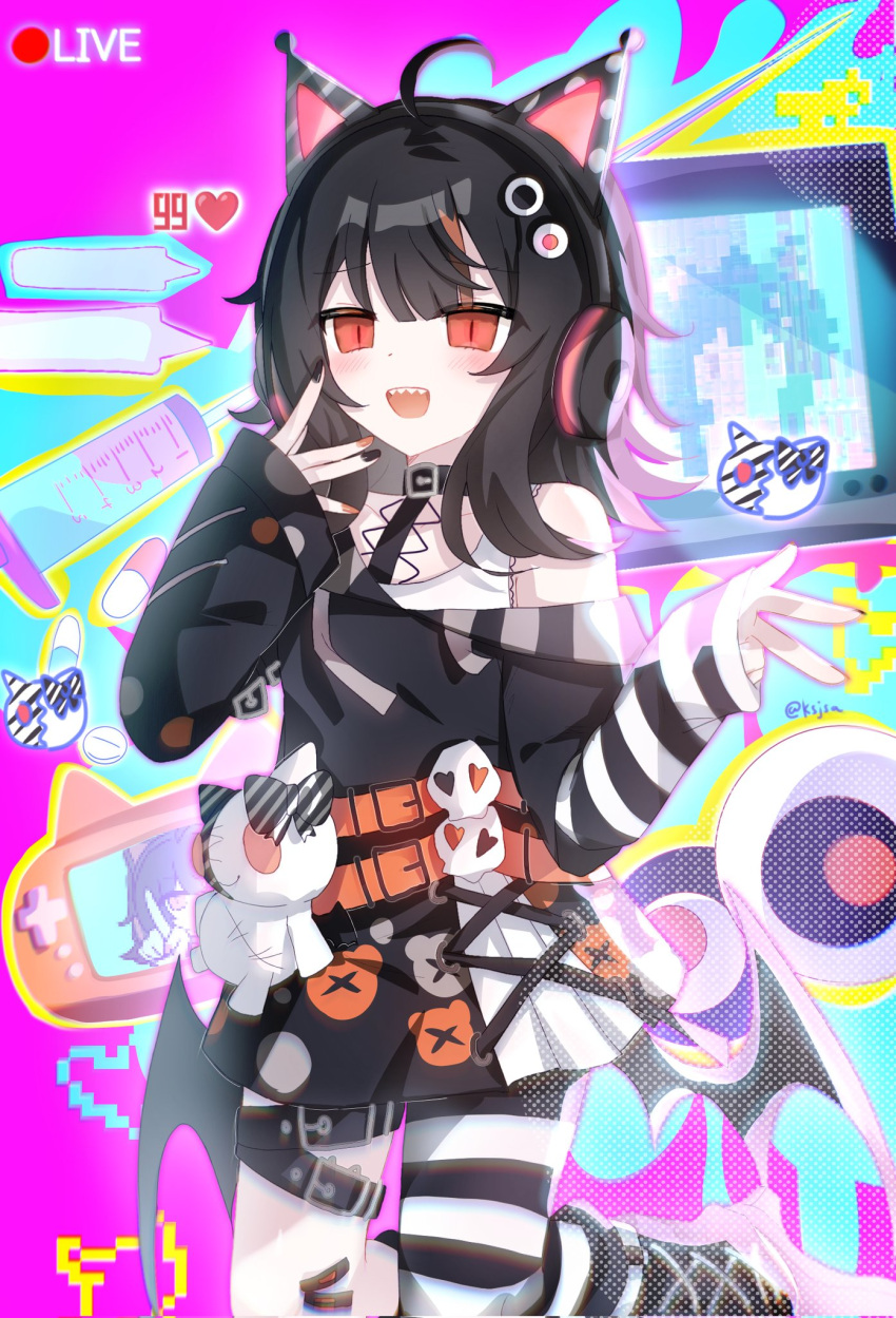 1girl, :d, ahoge, animal_ear_headphones, animal_ears, asymmetrical_legwear, belt, black_collar