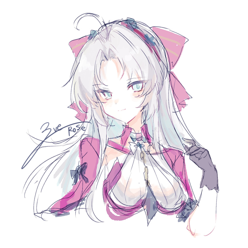 1girl, absurdres, ahoge, artist_name, black_gloves, blue_eyes, bow, breasts, carlotta_(wuthering_waves), closed_mouth, cropped_torso, curtained_hair, forehead, gloves, hair_bow, hairband, hand_up, highres, ice_blue_rose, long_hair, looking_at_viewer, medium_breasts, middle_part, pink_bow, pink_hairband, simple_background, sketch, solo, white_background, white_hair, wuthering_waves